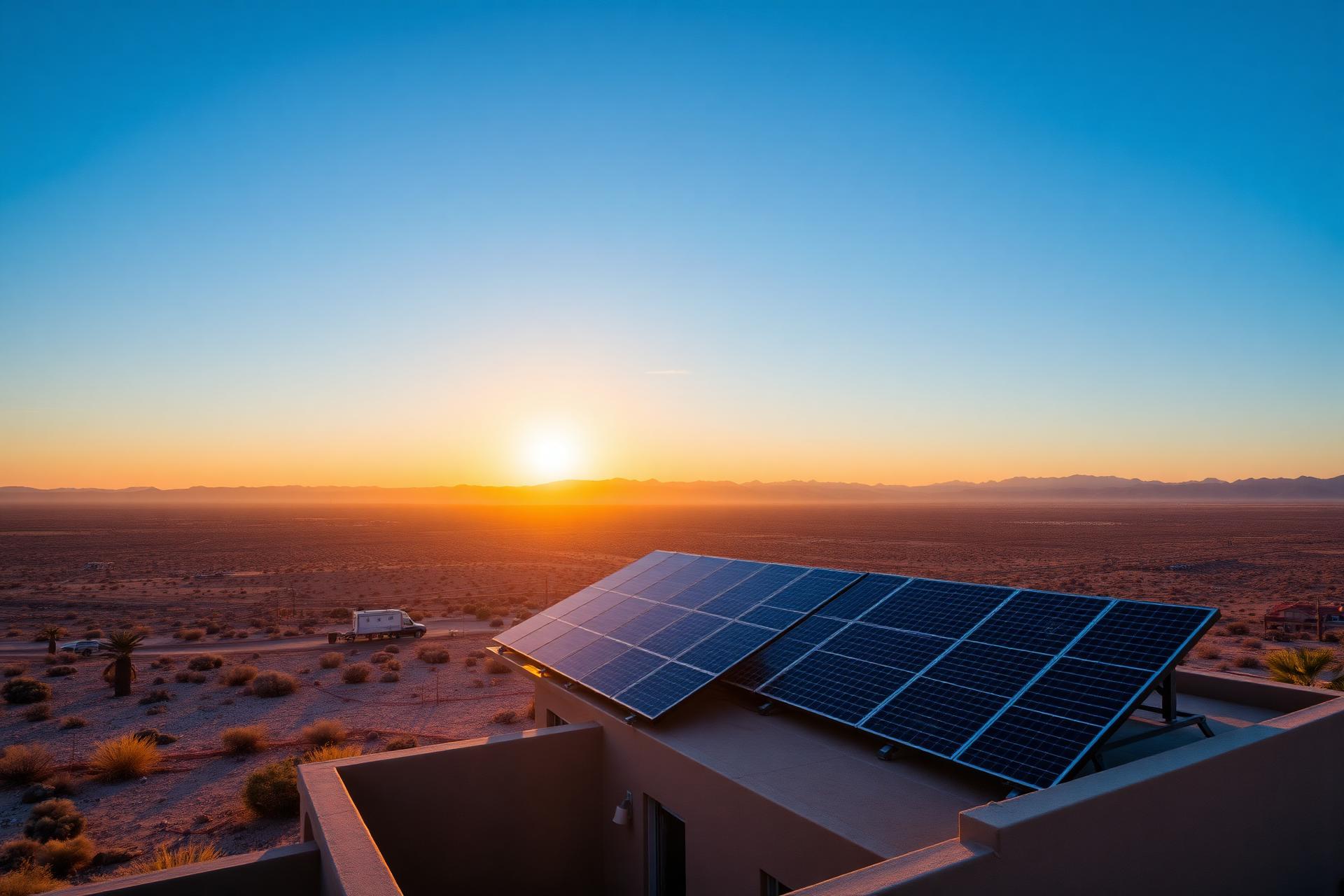 Paneles solares en un techo con vista al desierto